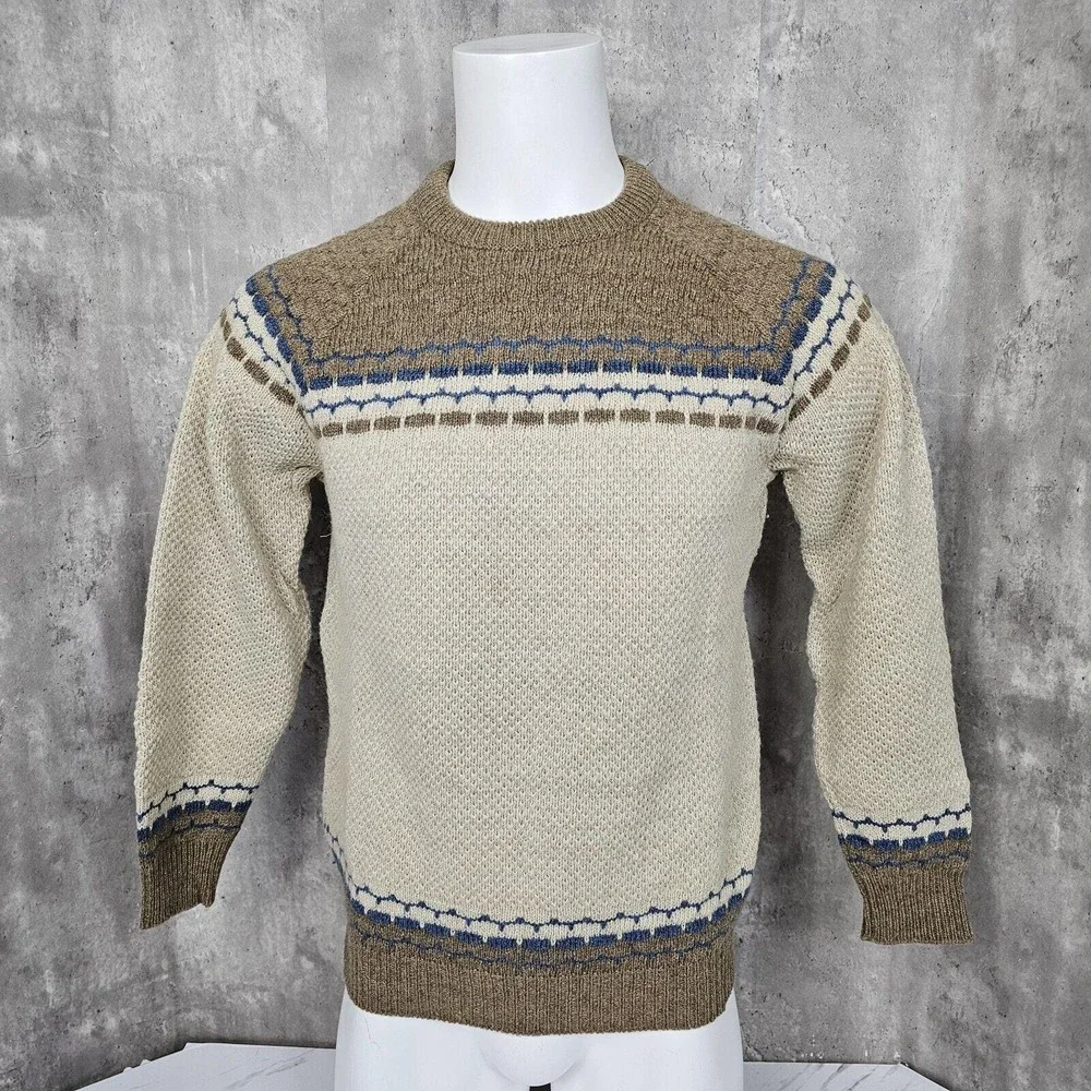 Vintage 70s Club John Mols France Mens Brown Blue Wool Blend Knit Jumper Sweater